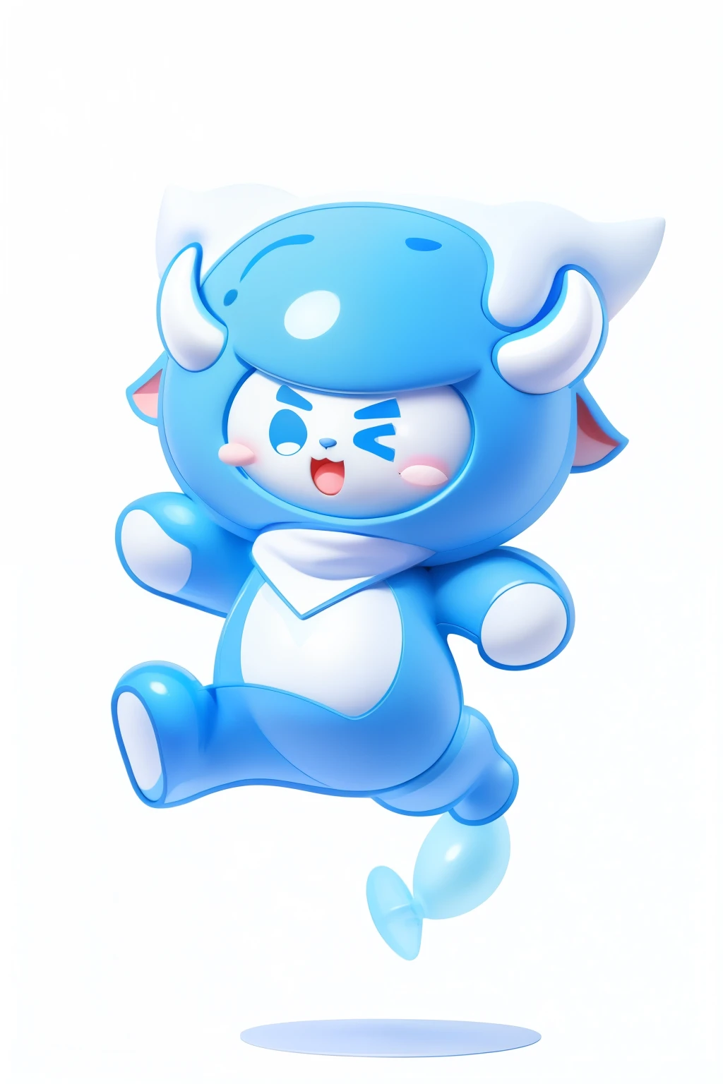 A cute blue cartoon mascot with two horns on his head, wearing a triangular scarf, jumping in the air, simple background, white background, simple lines and shapes character design surreal, full body, blush, bean Pea eyes, 3D effect, Disney style, clear outline light, rim light, fantasy, spotlight, 8k