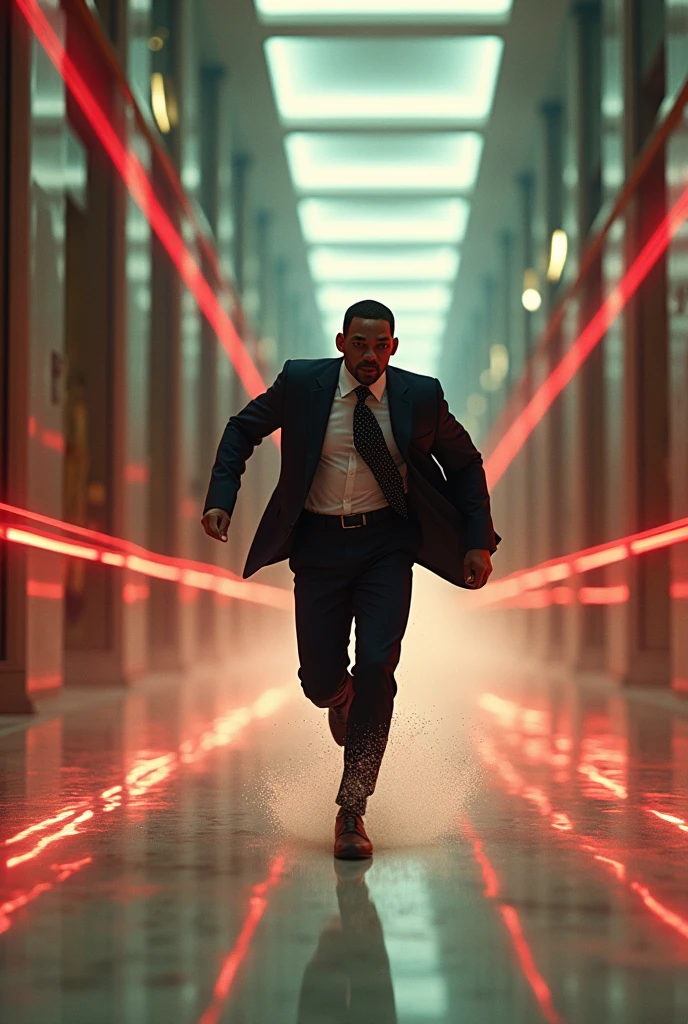 Will Smith racing through a bank corridor, dodging laser beams and narrowly escaping a security trap." More
