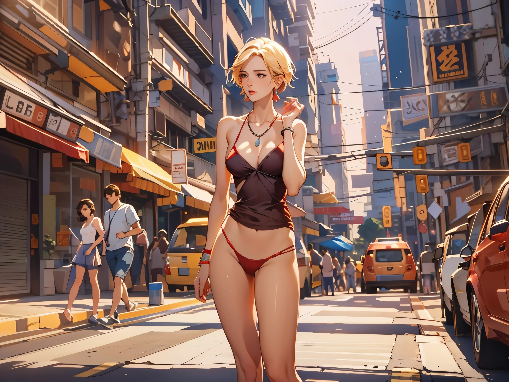 one lady, Waiting for a taxi in the crowded city,Short Bob Hair, blondes, Earrings, necklace,bracelet,anklet,Waist Jewelry,Highest quality, Anatomically correct, Beautiful figure,A beautiful model with a slim figure,Lens flare, High resolution, Highest quality, Attention to detail, 超High resolution, Wide-angle shot, far and near method, Swimwear,Red Bikini,Adult wheremen,where_Eva Green 01,8k octane, figure, Ghibli-style colors, Nipples are not drawn