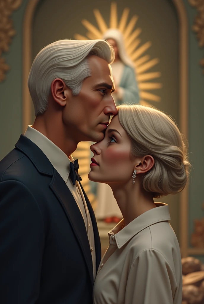 White man with blue eyes, white  hair, no beard and no mustache, kisses a white woman&#39;s forehead, short-haired. In the background the image of Our Lady of Graces.