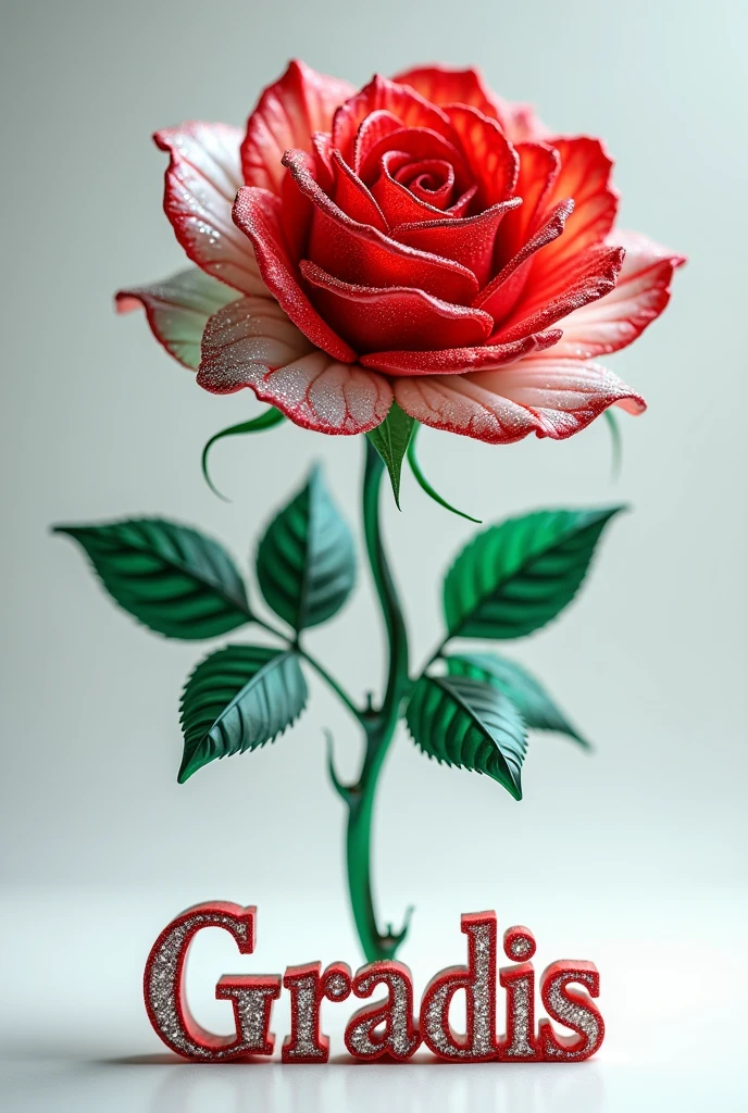 An exquisite 3D illustration of a stunning Crystal rose, meticulously crafted with vibrant Mexican flag colors - red, white, and green. The petals are intricately detailed, and the stem is adorned with delicate leaves. The name “Gradis” is elegantly written in a diamond-shaped, shimmering font at the bottom of the image, adding a touch of class and sophistication. The overall composition is a harmonious blend of nature, color, and typography.