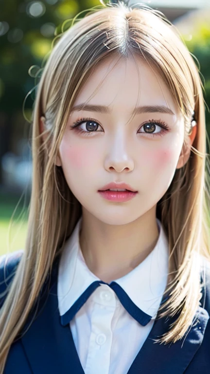 (Photorealistic), Beautiful detailed, Highly detailed eyes and face,Perfect figure,】、White school uniform、Long Hair、White Hair、