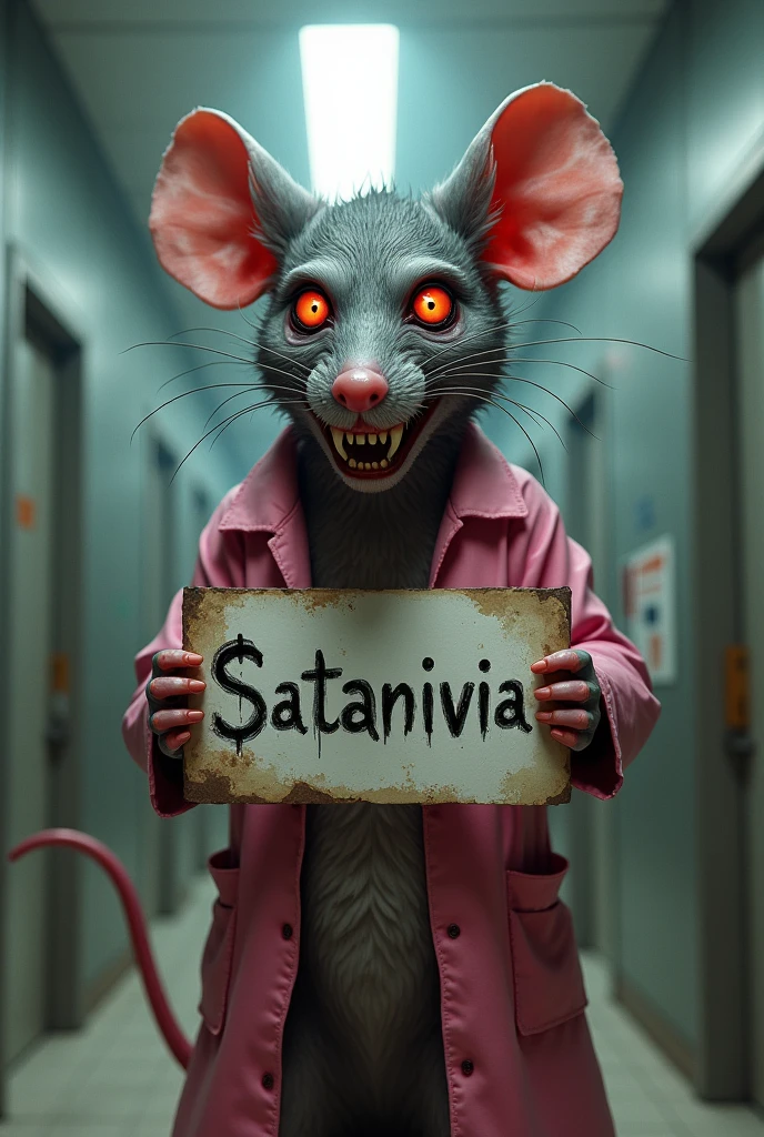Demonic rat in pink lab coat with sign saying Satanivia