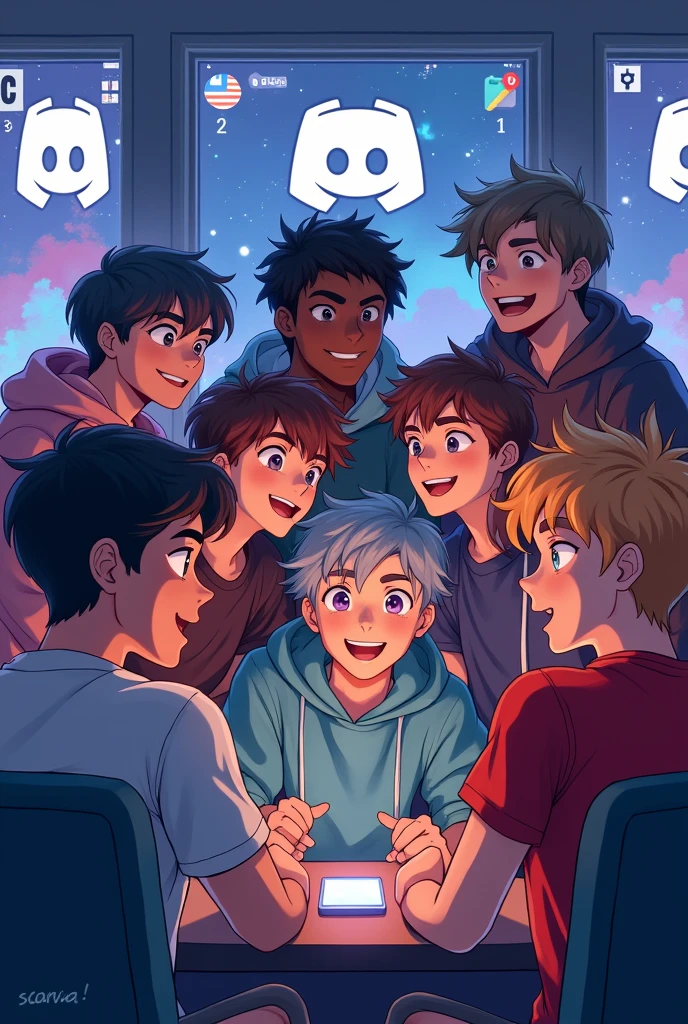 A group of gamer boys hanging out some of them are black some are white and some are asian 
Make it a discord server profile and make it anime style 