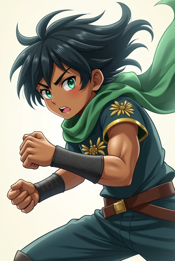 (((Only one character))), Profile, 1 boy, male, brownskin, black hair, green eyes, Kaeya Genshin Impact, Final Fantasy XIV, attack stance.