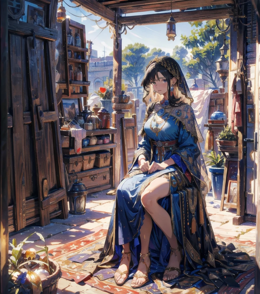 absurdres, RAW photo, extremely delicate and beautiful, masterpiece, Highest Quality, ultra high resolution, 32k, hyperrealistic, realistic, photorealistic, photo-realistic, Real, ultra-detailed, Very detailed CG 8k wallpaper, detailed background, landscape, Beautiful Lighting, Perfect Lightning, Realistic Shadows, perfect anatomy, anatomically correct, ideal ratio body proportions, perfect figure, Perfect Style, Perfect balance, super Detailed skin, in her 30s, very Slim body, narrow waist, very small head, very small face, delicate facial features, handsome detailed woman, very detailed eyes and face, realistic face proportions, Realistic beautiful face, Realistic beautiful eyes, tearful mole, earring, full body shot, very huge round tits, medium hair, asymmetrical hair, wavy hair, legs, thighs, knees, A suspiciously beautiful woman, her face hidden by a veil, sits on the ground in an alleyway in a desert town, selling her wares in a stall on a carpet. She wears intricate and delicate ornaments. The carpet at her feet is lined with accessories and goods decorated with gold and jewels, traditional dress in the desert, shaman costume,