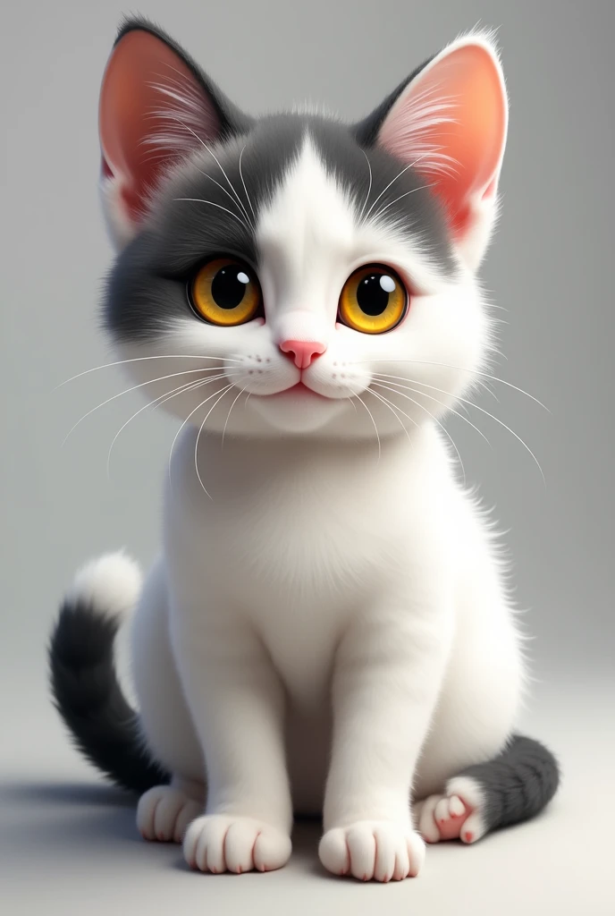 My cat Tony. Tony is white, only has the top of his head, her face, su cola y una mancha grande en la espalda de color gray and black. It only has white colors, gray and black. He has yellow eyes. It is a cuddly short-haired cat