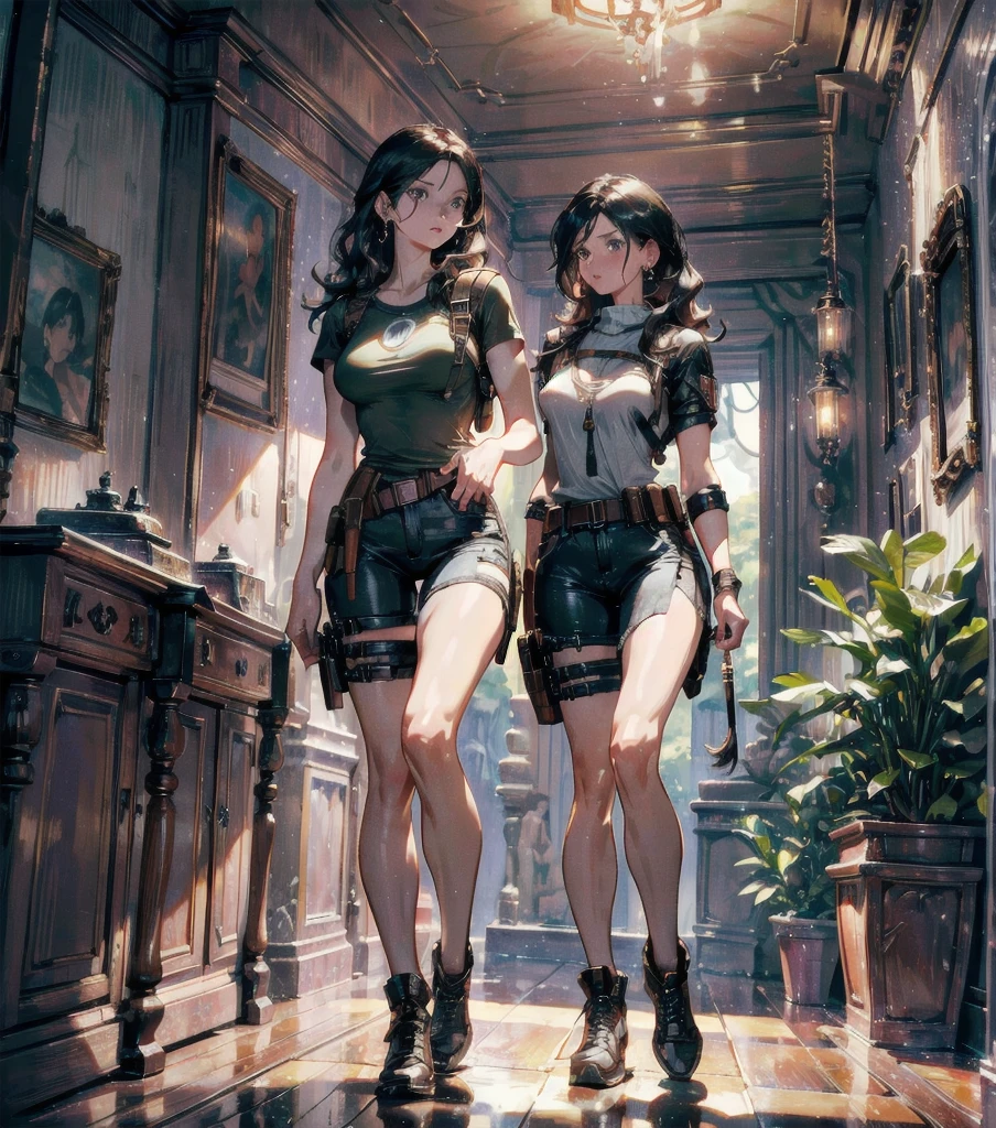 absurdres, RAW photo, extremely delicate and beautiful, masterpiece, Highest Quality, ultra high resolution, 32k, hyperrealistic, realistic, photorealistic, photo-realistic, Real, ultra-detailed, Very detailed CG 8k wallpaper, detailed background, landscape, Beautiful Lighting, Perfect Lightning, Realistic Shadows, perfect anatomy, anatomically correct, ideal ratio body proportions, perfect figure, Perfect Style, Perfect balance, super Detailed skin, in her 30s, very Slim body, narrow waist, very small head, very small face, delicate facial features, handsome detailed woman, very detailed eyes and face, realistic face proportions, Realistic beautiful face, Realistic beautiful eyes, tearful mole, earring, full body shot, very huge round tits, medium hair, asymmetrical hair, wavy hair, legs, thighs, knees, holding two guns in a jungle, lara croft, tomb raider,