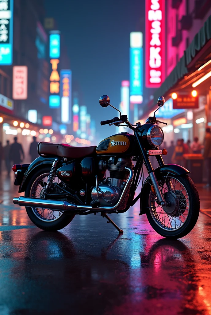 Royal Enfield classic 350 in Bombay street in neon light 