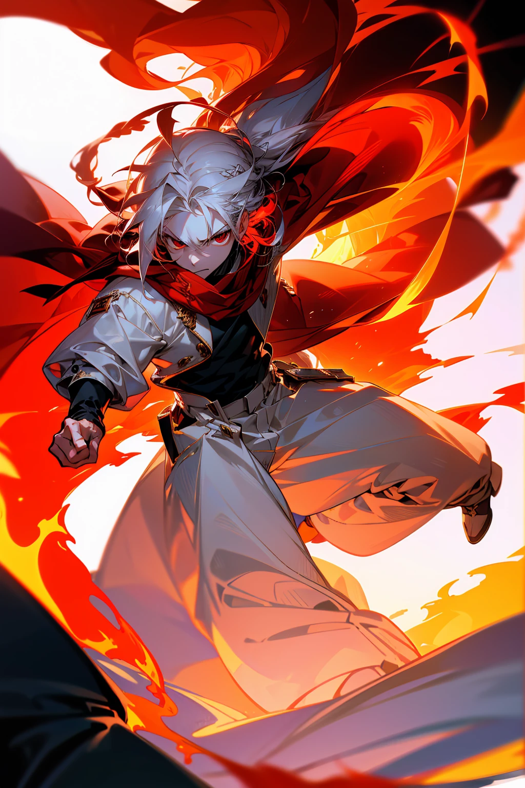 1male, Adult, Long White Hair, White Baggy Long Sleeve Shirt, Baggy Black Pants, Red Eyes, Red Scarf, Earring, Masculine, Surrounded By Flames, Single Hair Braid