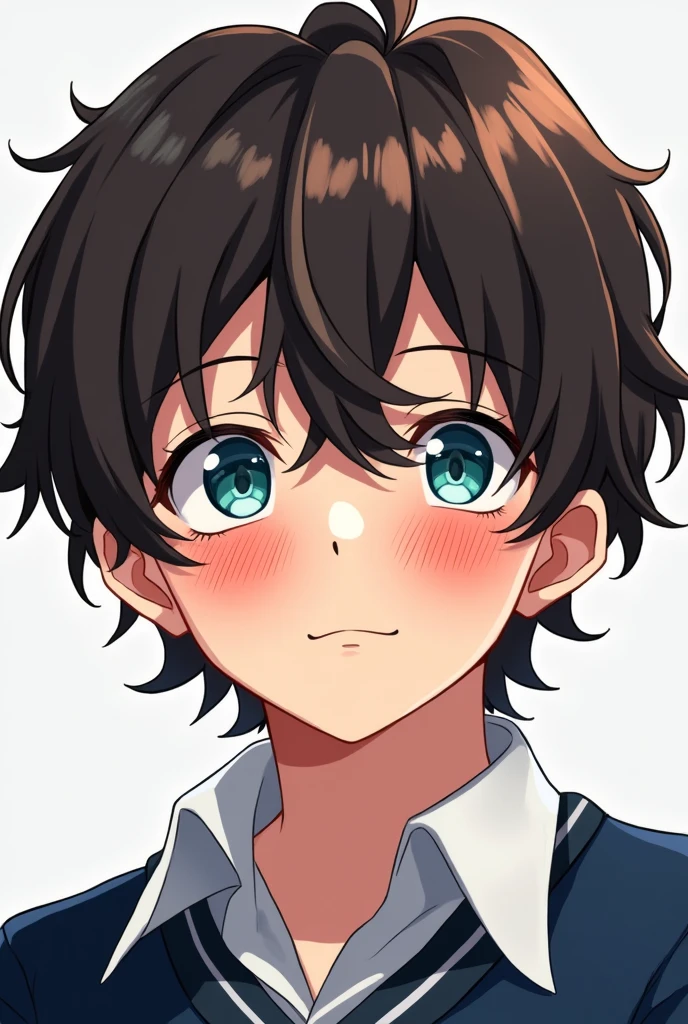 Chico, male gender, like , Dark brown wavy hair a little long, turquoise eyes, He wears a navy blue school uniform, he is very blushing, his whole face is red. anime style.