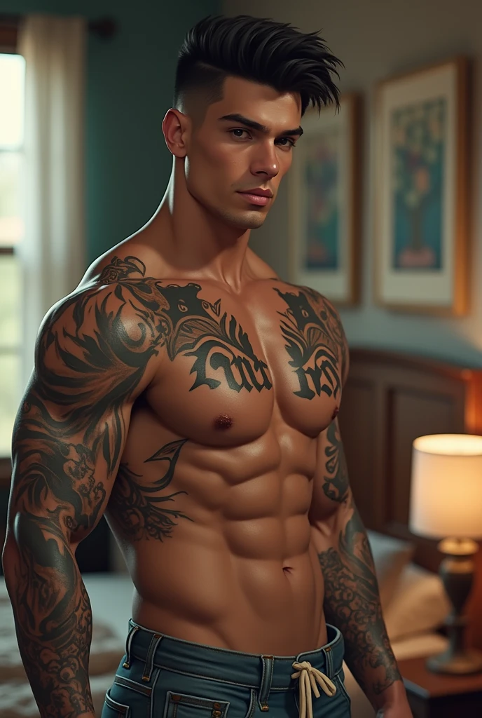 A young man AI high quality muscular strong tattoo “ruy” and other tattoo fair skin light pink mouth with realistic bedroom background 