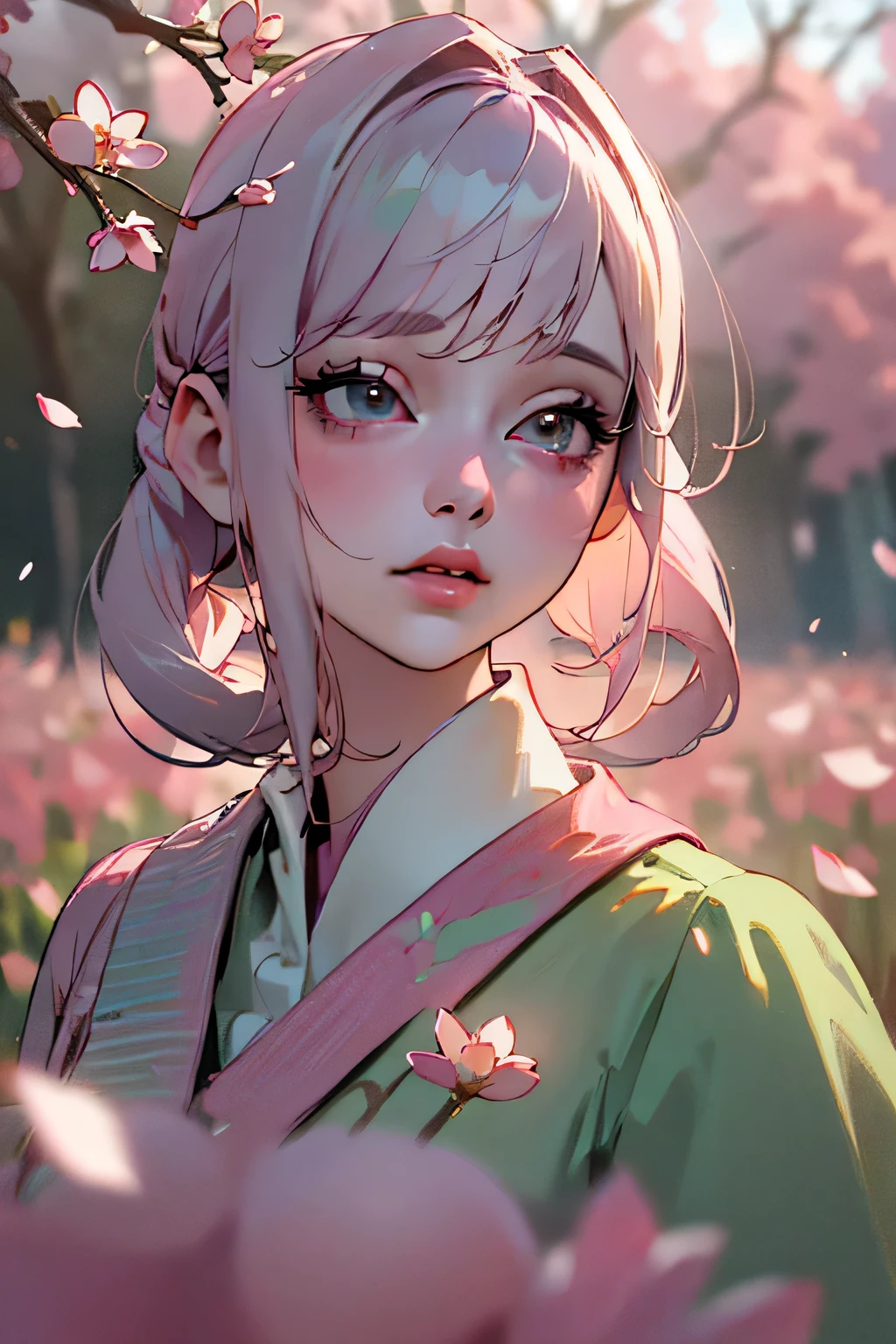 1girl, walking in a field of flowers, cherry blossom pink hair, soft green dress, gentle expression, delicate, ethereal, serene, elegant, graceful, petals swirling around, nature, outdoor, spring, beautiful detailed eyes, beautiful detailed lips, extremely detailed eyes and face, long eyelashes, (best quality, 4k, 8k, highres, masterpiece:1.2), ultra-detailed, (realistic, photorealistic, photo-realistic:1.37), soft lighting, pastel colors, romantic, whimsical, anime style, digital painting