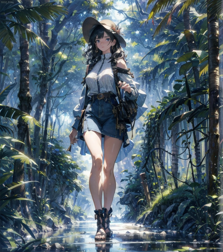 absurdres, RAW photo, extremely delicate and beautiful, masterpiece, Highest Quality, ultra high resolution, 32k, hyperrealistic, realistic, photorealistic, photo-realistic, Real, ultra-detailed, Very detailed CG 8k wallpaper, detailed background, landscape, Beautiful Lighting, Perfect Lightning, Realistic Shadows, perfect anatomy, anatomically correct, ideal ratio body proportions, perfect figure, Perfect Style, Perfect balance, super Detailed skin, in her 30s, very Slim body, narrow waist, very small head, very small face, delicate facial features, handsome detailed woman, very detailed eyes and face, realistic face proportions, Realistic beautiful face, Realistic beautiful eyes, tearful mole, earring, full body shot, very huge round tits, medium hair, asymmetrical hair, wavy hair, legs, thighs, knees, safari outfit, hat, hold a dagger, on jungle, walking on a creek, jungle adventure, a bunch of animals,