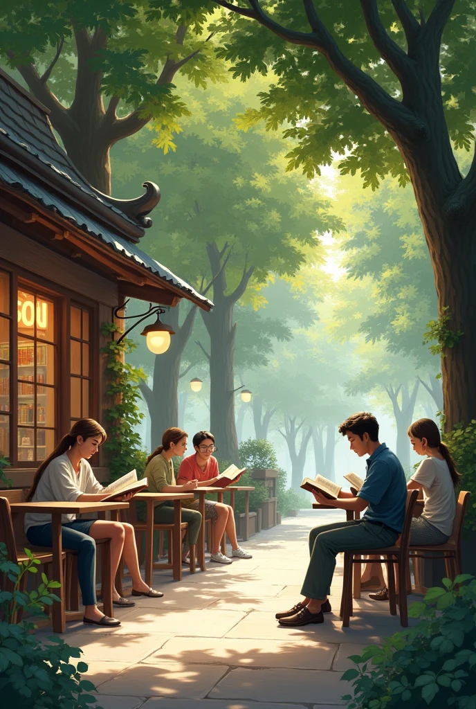 People are reading books in a cafe surrounded by trees.