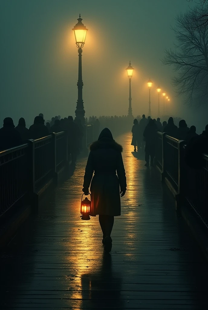 Photo of a bridge with two sides, One side is dark , There are many people standing over there.. And only one person holding a lantern walked towards the bridge to guide the others. . There is no one on the bridge..