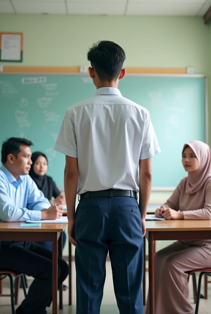 A male high school student in Malaysia is taking an oral speaking test in the classroom. The student is around and wears a white Malaysian high school uniform with dark blue trousers.
In front of him, there are two teachers sitting at the table with a distance of about 2 meters from him. a man and a woman, appeared to be assessing the student seriously. The male teacher wears a light blue long-sleeved shirt and black trousers, while female teachers wear soft colored baju kurung.