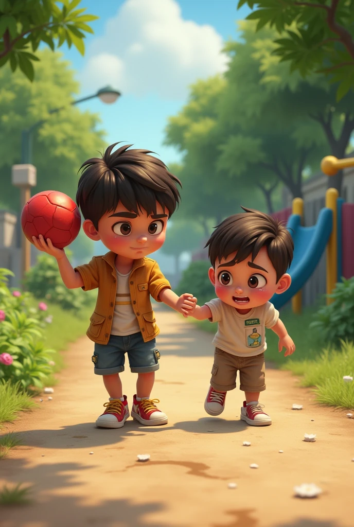 Prompt: Ali is shown taking a toy (a ball) from another child, with the child looking sad. Ali walks away holding the toy, looking satisfied while the other child looks upset.