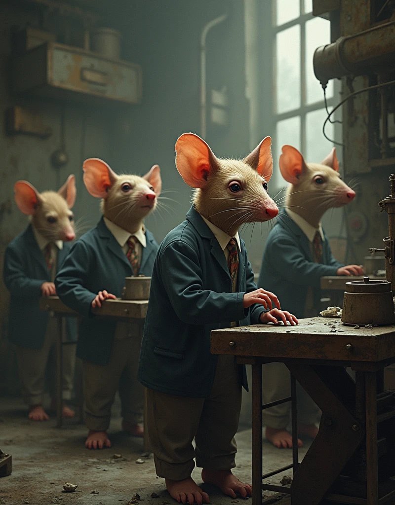 Several rats trapped working on a work routine, with a work outfit, Grieving, grinds hard for YouTube 