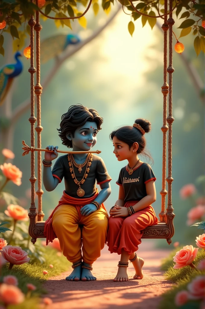 Create 3D image of 1 Indian devotional girl sitting next to Krishna ji and Krishna ji is playing flute, they both are on swing and swing is nicely decorated and sitting together, girl is wearing black color T-shirt with name “Vaishnavi” written on it, heaven like beautiful scene background, peacock dance, realistic image and boy is bare feet.