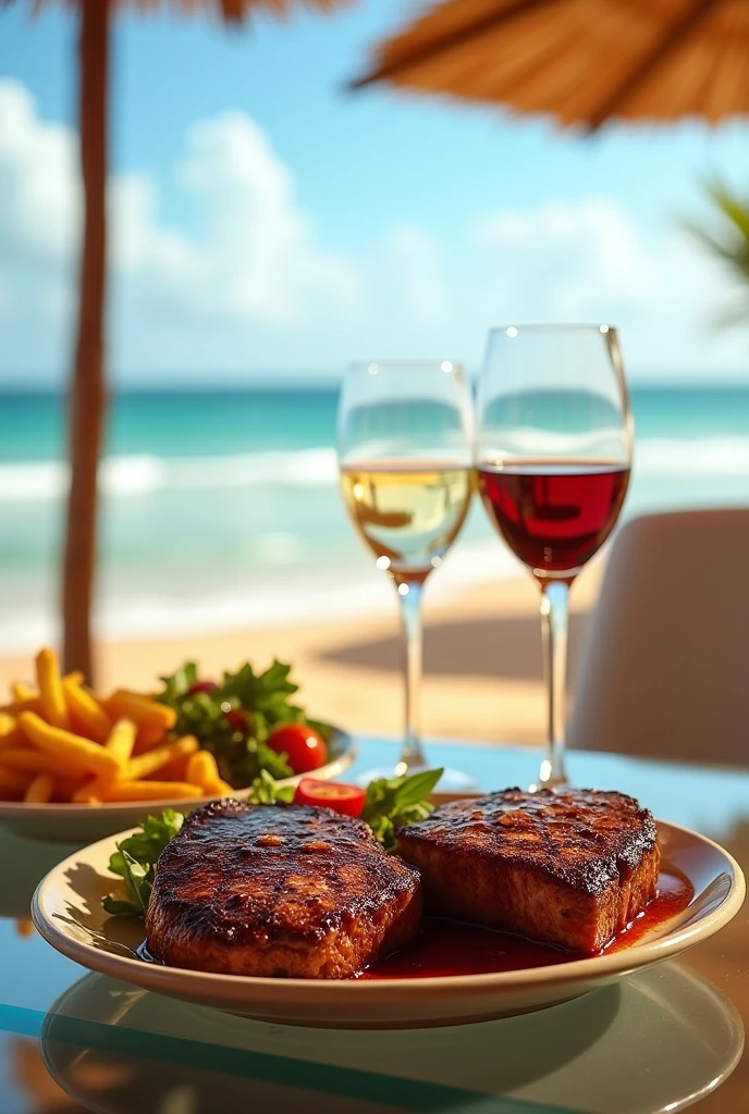2 plates of well-cooked steaks, French fries, salad, A plate sits on a glass table facing the sea on a golden sand beach.. The sun shines, The sky is blue. There are two wine glasses on the table..
