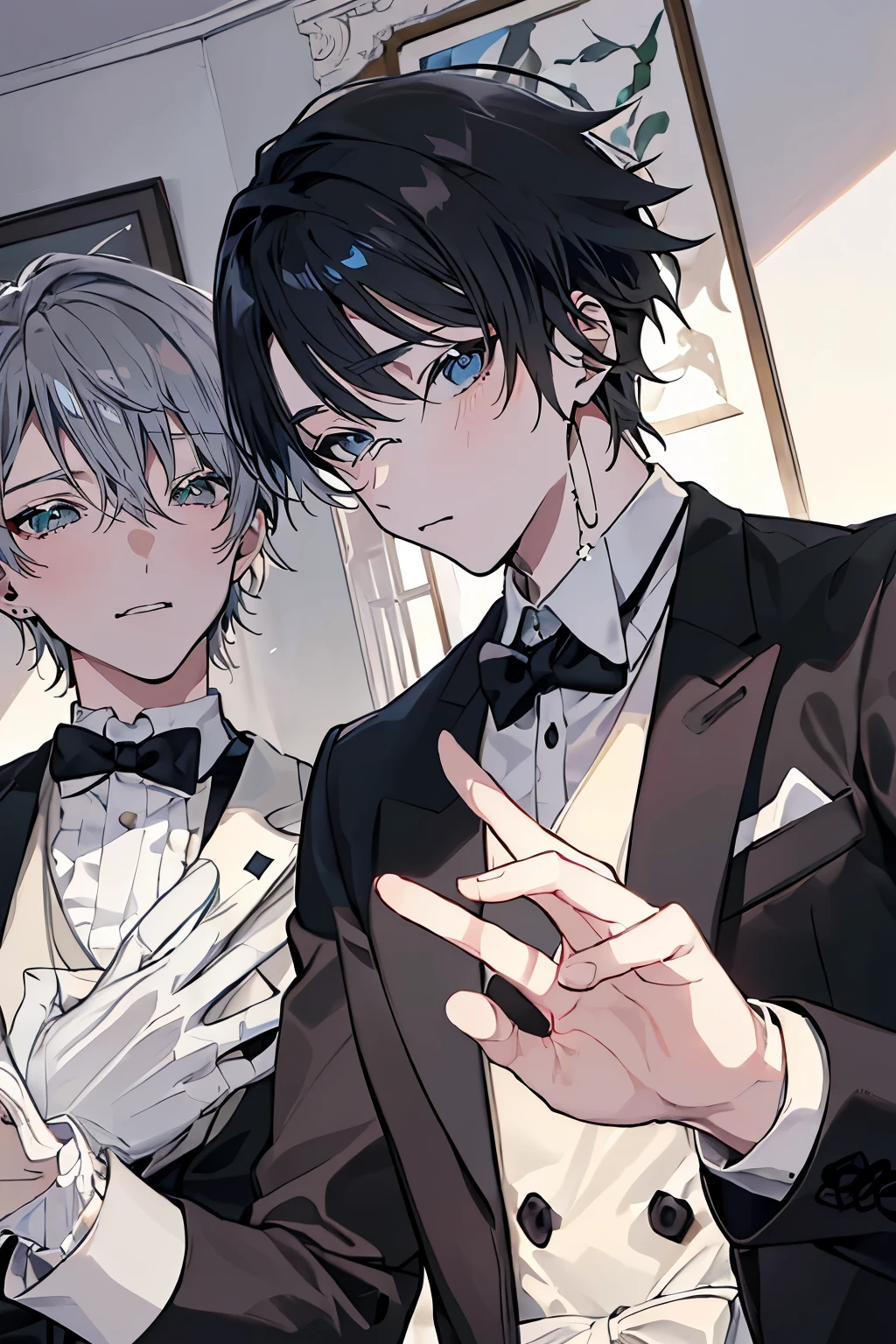 (Mastepiece)、(Best Quality)、Very detailed、((Two butlers:1.5))、Perfect Face、Beautiful Face、Very detailedな顔、(Black-haired man:1.3)、(Grey-haired man:1.3)、Deacon's uniform、(Monocle:1.3)、(White gloves:1.3)
