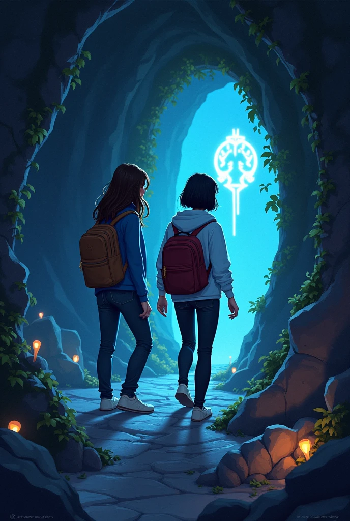 Inside a dimly lit cave covered a bit with vines, two young women discover a hidden entrance with glowing symbols. One wears a blue shirt and jeans with long brown hair, the other a white hoodie and black jeans with short black hair. Both carry backpacks as bioluminescent fungi and crystals faintly illuminate the cave. 2D artstyle
