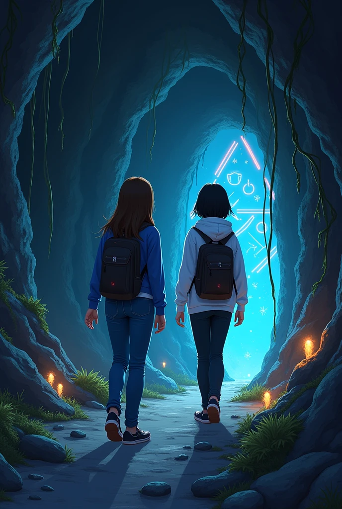 Inside a dimly lit cave covered a bit with vines, two young women discover a hidden entrance with glowing symbols. One wears a blue shirt and jeans with long brown hair, the other a white hoodie and black jeans with short black hair. Both carry backpacks as bioluminescent fungi and crystals faintly illuminate the cave. 2D artstyle