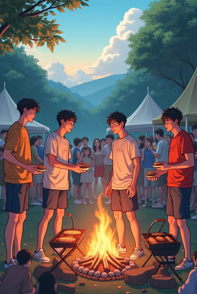 20th Generation　Cute male group　Japanese　BBQ Campsite　many people　