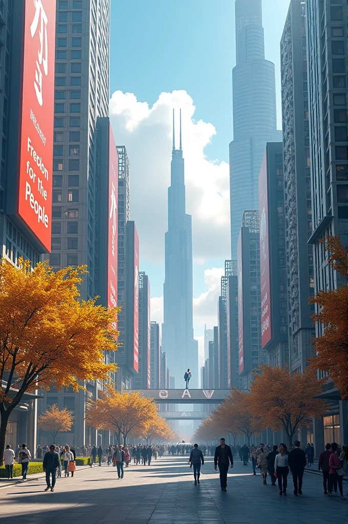 Create an image of a city where every citizen has a job, a futuristic city with full employment. Include signs that say "Freedom for the People."