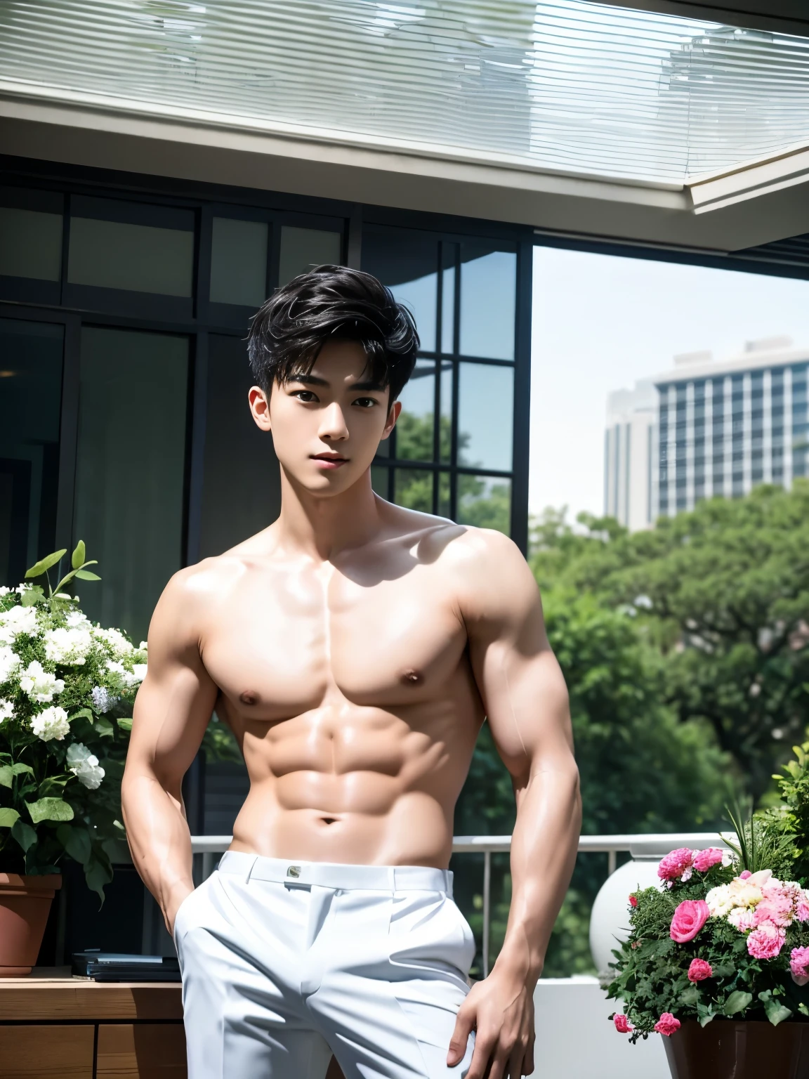 (A asian pretty Boy, cute boy, Nude posing:1.1), (absurdres, realistic, masterpiece:1.2), RAW photo, best quality, 8K,1boy, chinese idol, very handsome, perfect face, Extremely detailed, Practical:1.5, professional photography, Bright colors, Clear focus, young, slender, muscular, slim muscular, (perfect hands, 5 fingers) , Comb-over hairstyle, Black short hair, clear and beautiful detailed eyes, Playful expression, soft skin, detailed skin, spread legs, detailed highlights and shadows, Excellent body proportions, Correct anatomy, male focus, (Topless, white short pants:1.5), Potted plants, flowers, (roof, Skyscraper, balcony:1.1), Glass Wall, Studio Lighting, gentlesunlight, Cinematic Lighting, Warm colors, full-body shot, 