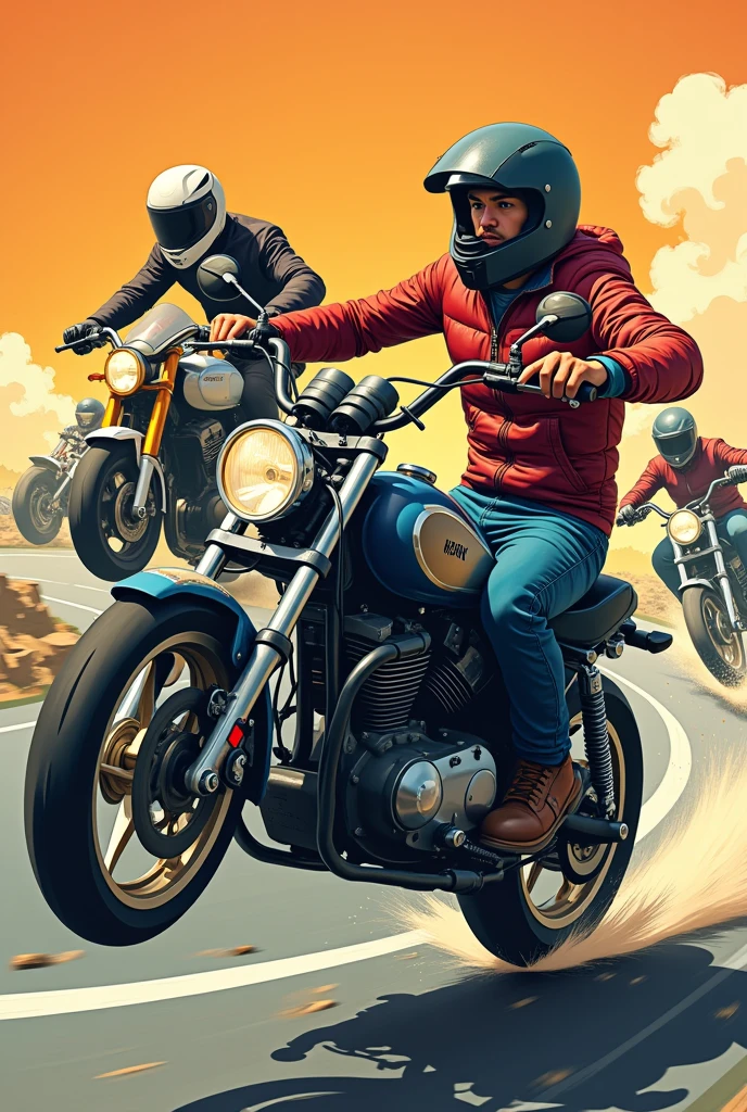 Create a slow motorcycle race poster. They are Struggling to hold their motorcycle still. Everyone should have different bikes and everyone should look different.
One of them should appear to be falling because he couldn't balance his motorcycle.
It should look like they are riding slowly and are not able to balance