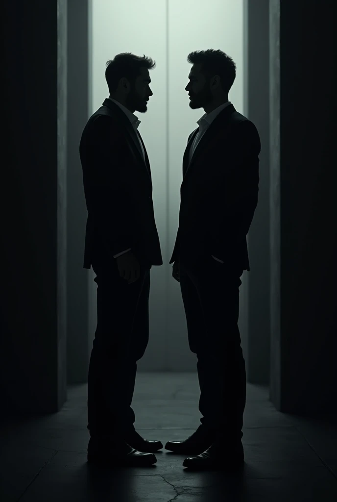 Peux tu faire deux hommes en train de se regarder de vue de dos dans le noir ou on voit juste les silouhettes. Je veux qu’on voit que leurs ombre 