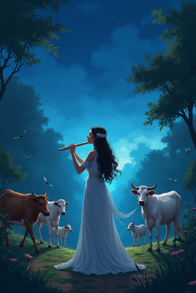 Kirshana flute in night time with in the gardern nera cows and birds