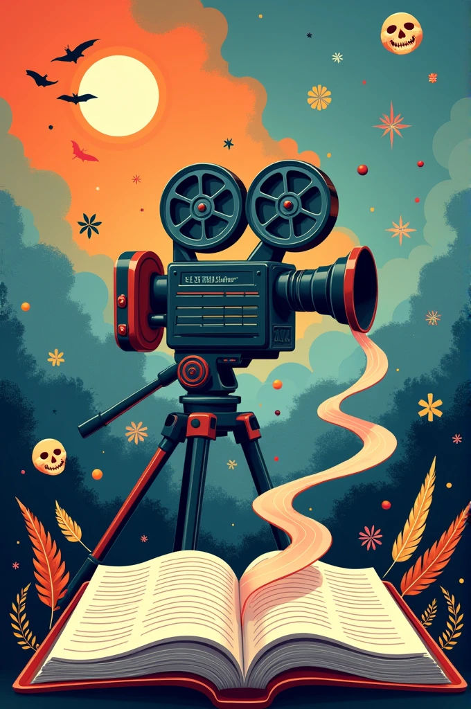 A landscape poster saying "Recruitments are LIVE for LPS-The Literary and Publications Society". The poster should have a camcorder eith a script flowing out of it with the text. It should have eye-catching colours close to a literature theme. Add theatre, art and literature symbols around.
