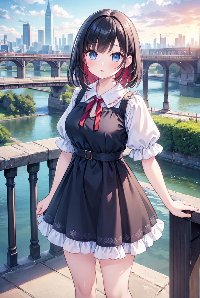 A beautiful young anime girl with long black hair and bangs, standing on a bridge overlooking a city skyline with skyscrapers, blue sky, clouds, and a river. She is wearing a dress with a red neckpiece and ribbon, and is looking directly at the viewer. (best quality,4k,8k,highres,masterpiece:1.2),ultra-detailed,(realistic,photorealistic,photo-realistic:1.37),1girl,beautiful detailed eyes,beautiful detailed lips,extremely detailed face,long eyelashes,outdoor,bridge,city,cityscape,building,castle,sky,cloud,sun,dress,red neckwear,red ribbon,ribbon,river,short hair,short sleeve,standing,town,water