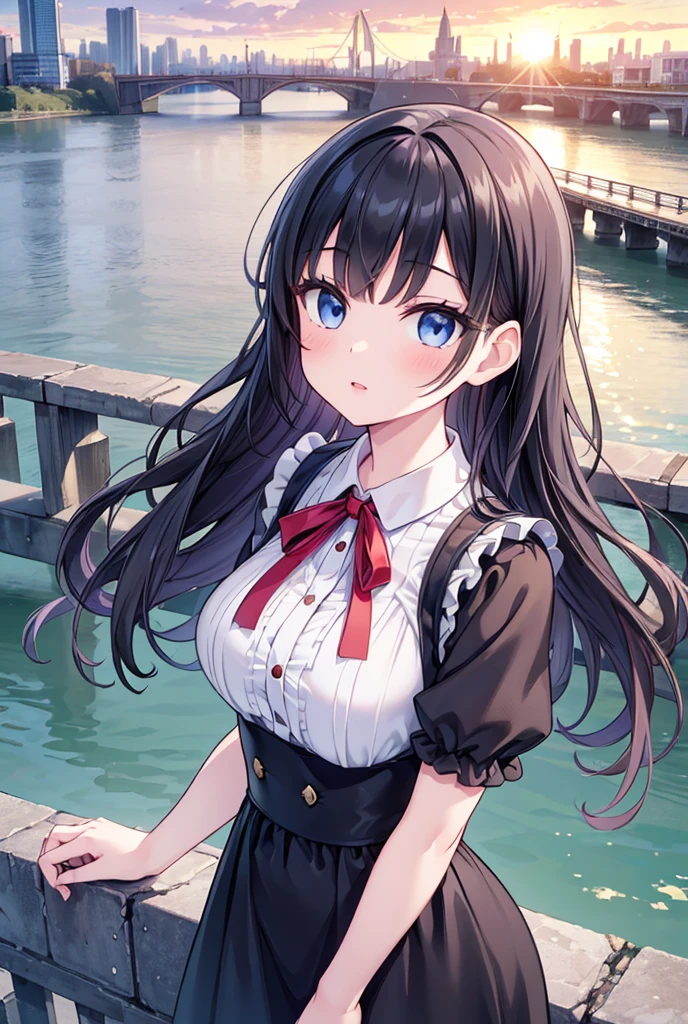 A beautiful young anime girl with long black hair and bangs, standing on a bridge overlooking a city skyline with skyscrapers, blue sky, clouds, and a river. She is wearing a dress with a red neckpiece and ribbon, and is looking directly at the viewer. (best quality,4k,8k,highres,masterpiece:1.2),ultra-detailed,(realistic,photorealistic,photo-realistic:1.37),1girl,beautiful detailed eyes,beautiful detailed lips,extremely detailed face,long eyelashes,outdoor,bridge,city,cityscape,building,castle,sky,cloud,sun,dress,red neckwear,red ribbon,ribbon,river,short hair,short sleeve,standing,town,water