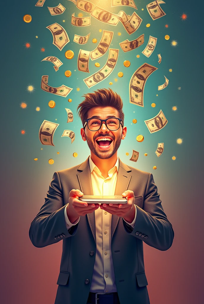Create a vibrant and impactful image of a person turning a cell phone into a money machine. The scene should show a person with an expression of enthusiasm and success., holding a cell phone that is turning into a money machine. The cash machine should be issuing dollar bills and coins, symbolizing a steady stream of profit. The background should be dynamic and colorful, with elements that reinforce the idea of finance and growth. The style of the image should be modern and inspiring., capturing the magical transformation and emotion of the moment.