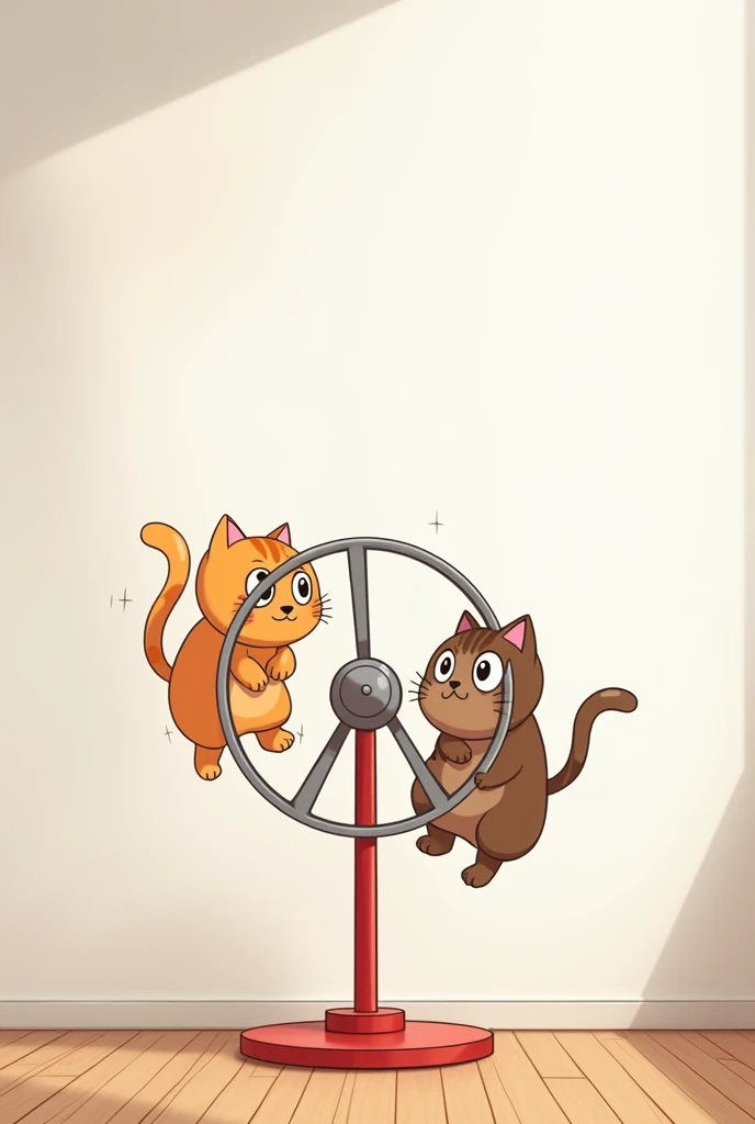 Mascots、Anime Style、Cat Racing、Brown floor、In a white-walled room、Japanese Cat、brown tabby、Two of them explode、Vertically rotating cat wheel、cute