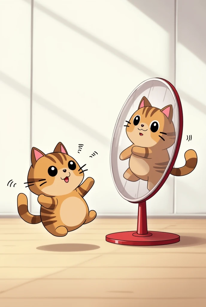 Mascots、Anime Style、Cat Racing、Brown floor、In a white-walled room、Japanese Cat、brown tabby、Two of them explode、Vertically rotating cat wheel、cute