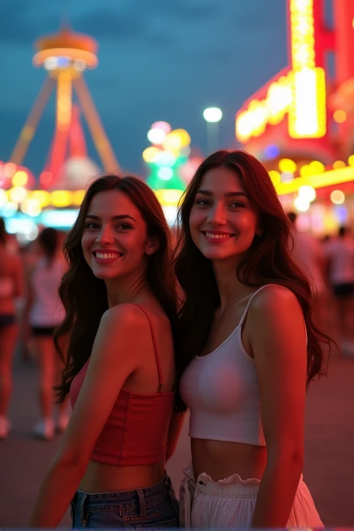 two beautiful brunette women are in an amusement park. Well lit. joy. atmospheric light. Full body shot