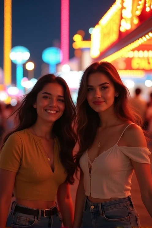 two beautiful brunette women are in an amusement park. Well lit. joy. atmospheric light. Full body shot