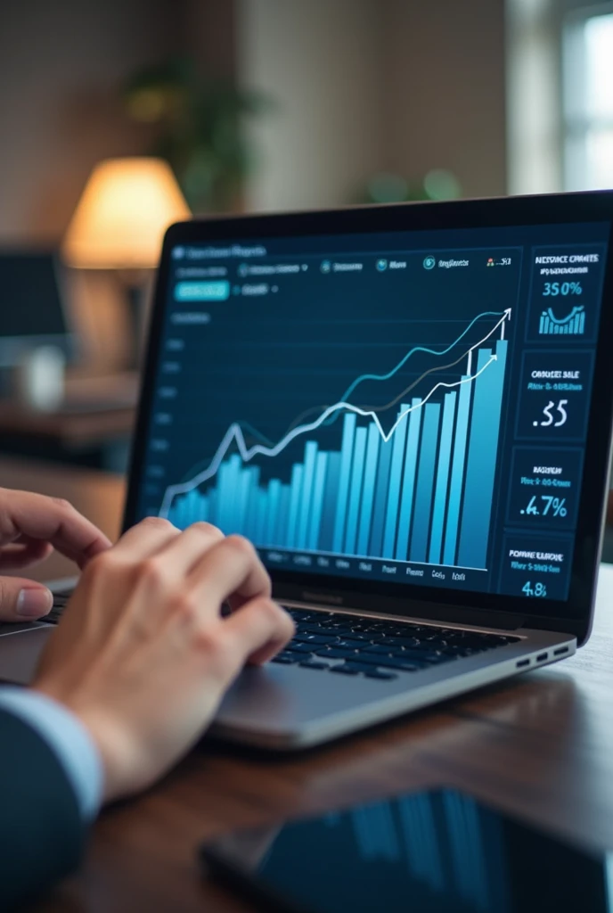 A laptop shows a chart for growth in business and two persons only hands showing and discussing what in laptop shows
