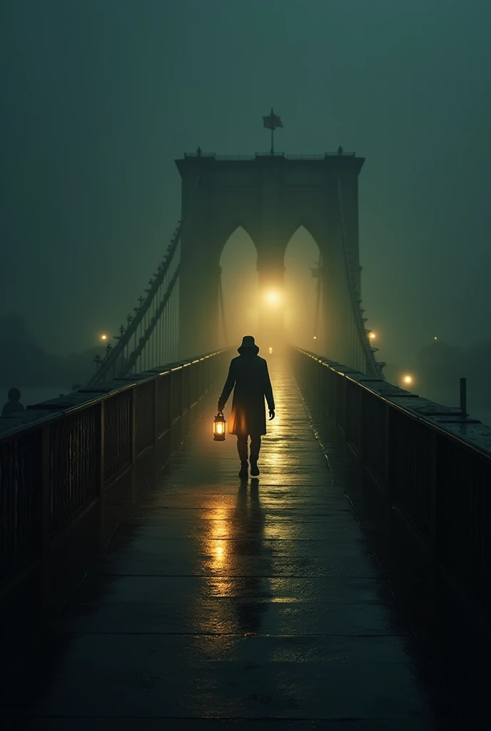 Photo of a bridge with two sides, One side is dark , There are many people standing over there.. And only one person holding a lantern walked towards the bridge to guide the others. . There is no one on the bridge..  