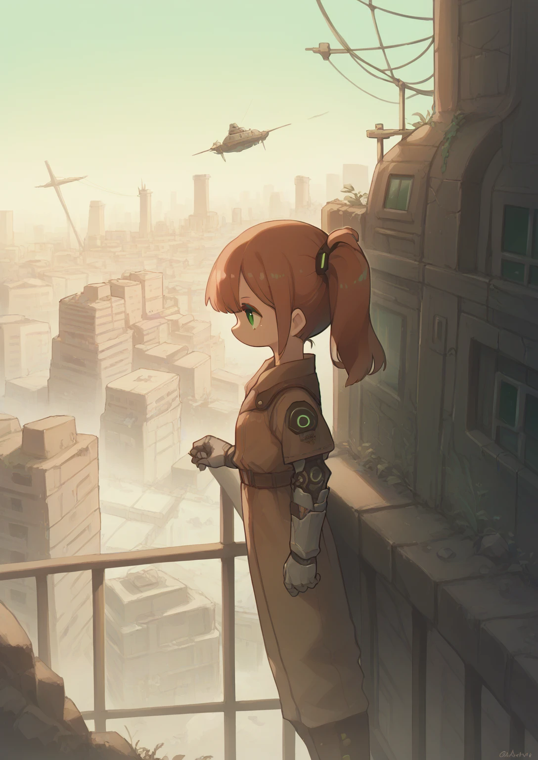 1 Girl，Brown side ponytail，Green eyes，Cyberpunk，Robotic Arm，Wasteland City，ruins，Profile，Rooftop，railing，Air ship