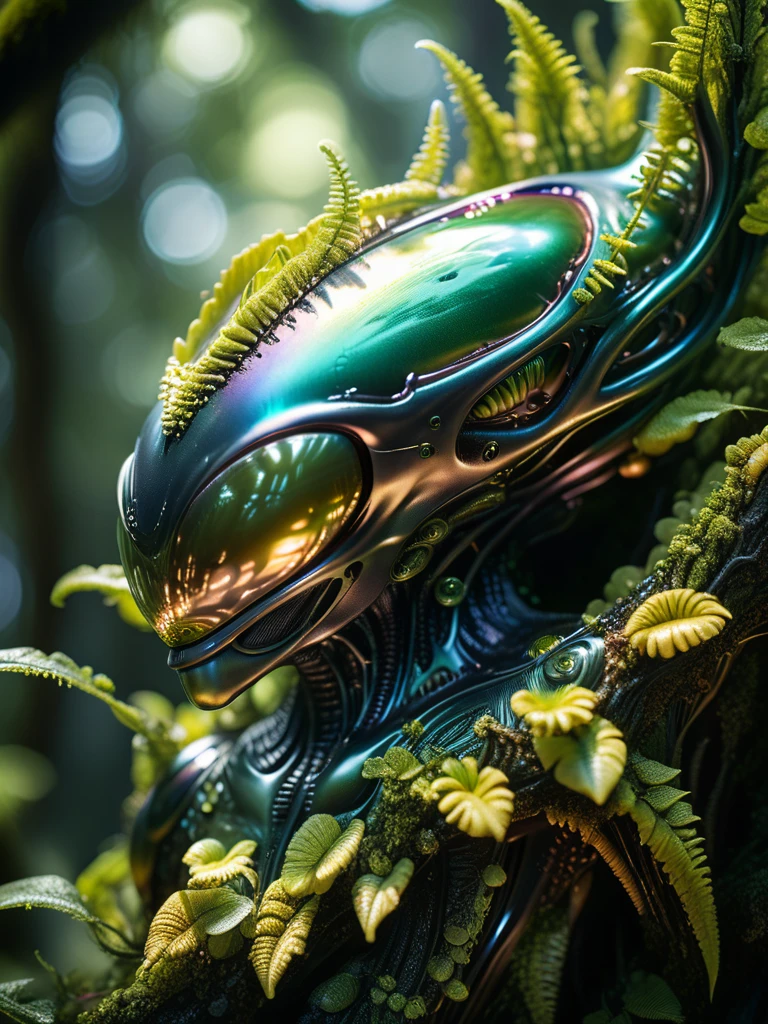 alien flora, sitting on the trees, another planet flora, alien, Futuristic, foam, tactical, sleek, dark, highly detailed, alien forest, sunny day in forest, Miki Asai Macro photography, close-up, hyper detailed, trending on artstation, sharp focus, studio photo, highly detailed, macro photo, by greg rutkowski, intricate details, realistic, 8k, sharp details, masterpiece, artstation, Panoramic, iridescence, hdr, sun light, metallic,