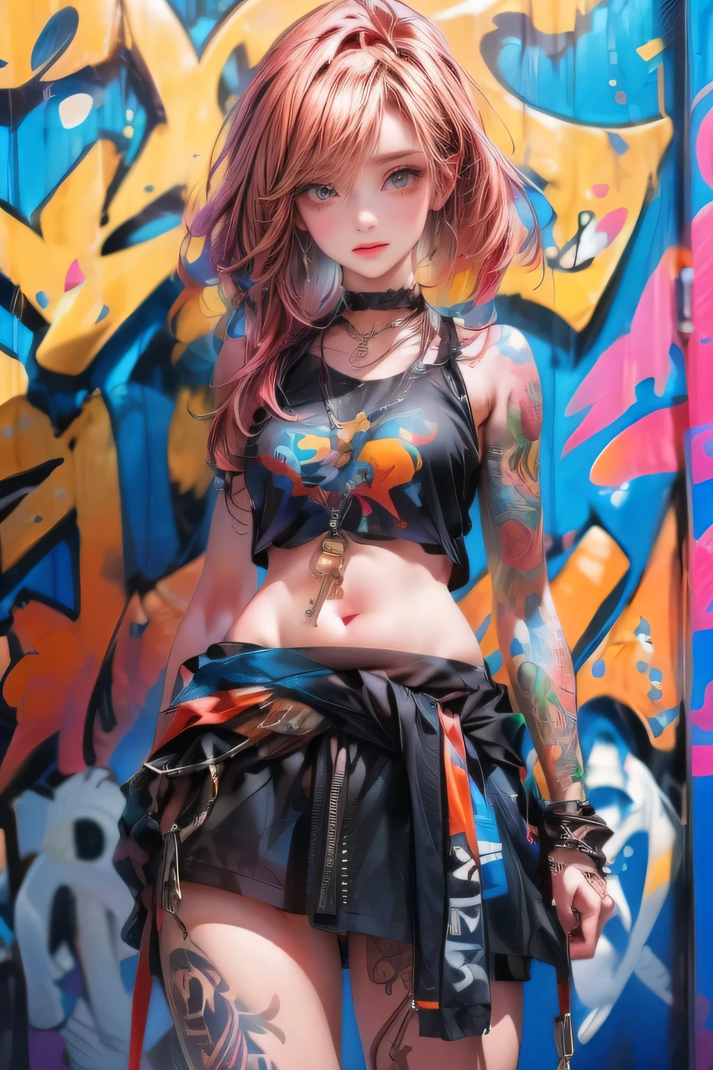 1girl, beautiful detailed eyes, beautiful detailed lips, extremely detailed face, long eyelashes, vibrant hair, full body tattoos, key-shaped earring, standing in front of graffiti wall, thick chains on shoulder and waist, (best quality, 4k, 8k, highres, masterpiece:1.2), ultra-detailed, (realistic, photorealistic, photo-realistic:1.37), studio lighting, extreme detail description, professional, vivid colors, bokeh, urban, street art, punk, gritty, moody, dramatic lighting