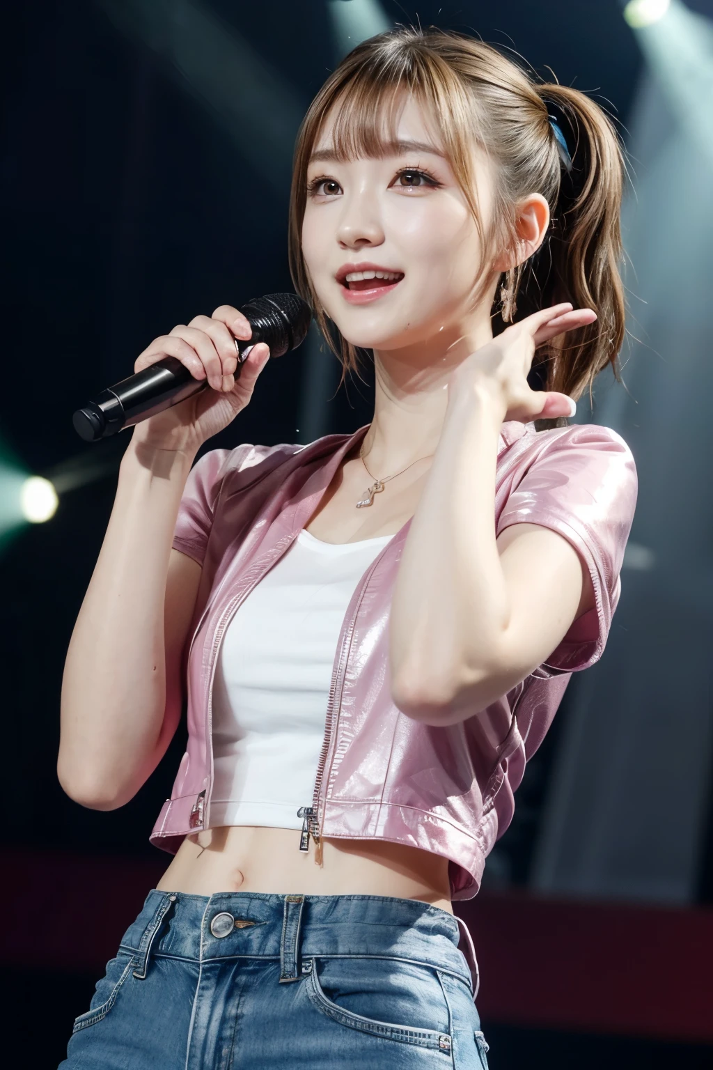 realistic, on the stage of the concert, brightly lit by spotlights on the stage, extremely bright lighting, singing, waving a hand against the audience, wearing deep pink leather jacket and leather short pants, open widely chest, toned abs, ash-yellow pigtails hairstyle, hair is blowing in the wind, hair is shaggy and dishevelled, beautiful white-colored translucent skin, sweat splashes, slendar figure, short satue, a little young face, heavy and vivid makeup, kawaii makeup, shaped nose, smooth shaped jawline, glossy face, heavy flushed cheeks, big smile, a little adult-like charm, close up shot