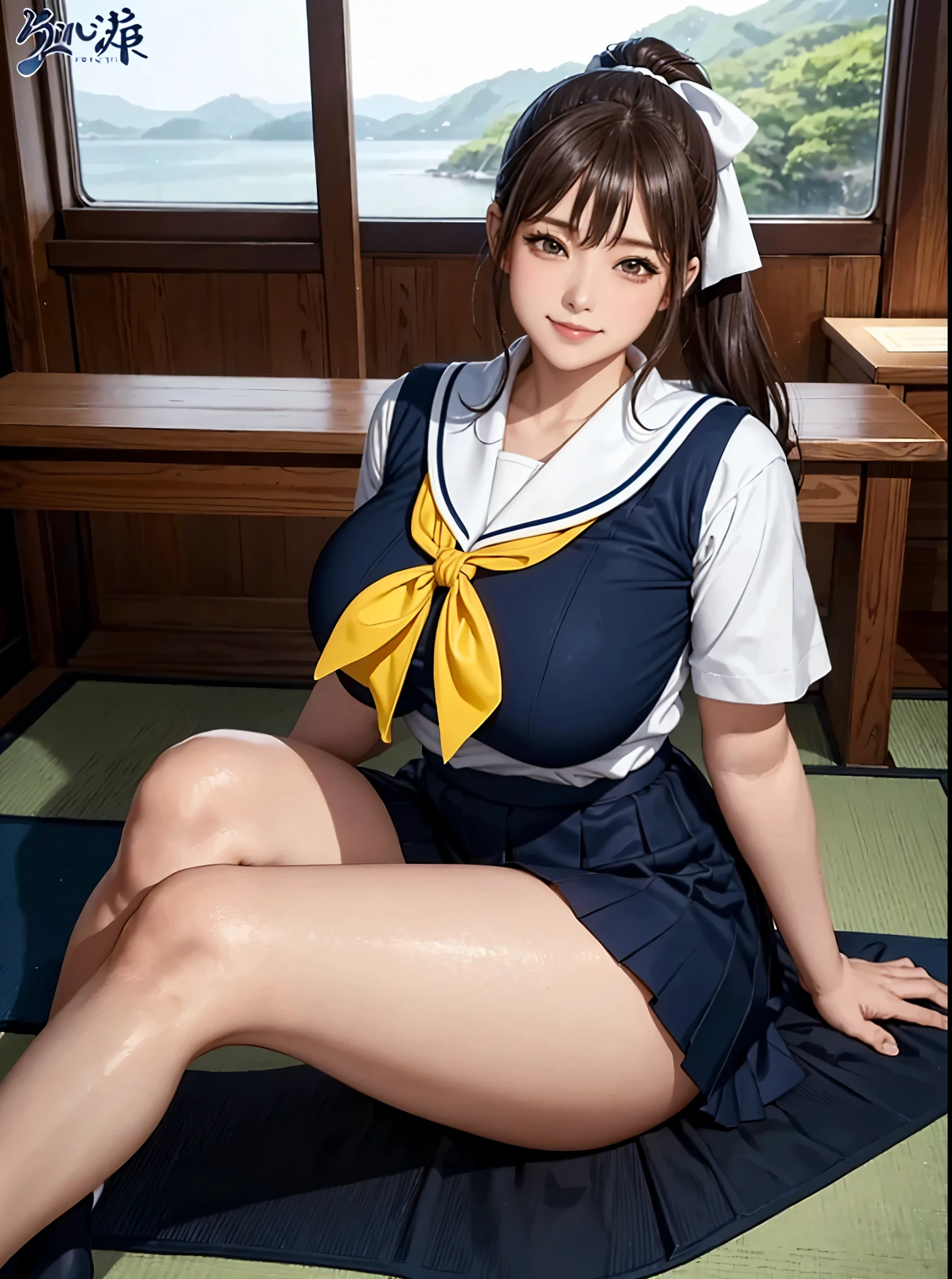 highest quality、8k、Realistic、1 girl、2、Full body portrait、(Curvy body type、Embarrassing)、(Japanese 、Sitting with legs crossed、Spread legs、Positive)、(Dark brown hair ponytail:1.4、Japanese school sailor uniform:1.3、Navy Pleated Skirt、Skirt fluttering in the wind:1.2)、、(White and navy theme:1.2), (yellow リボン:1.2) on chest、 red リボン on hair, (Big Breasts), Beautiful thighs、Beautiful ass, light smile,