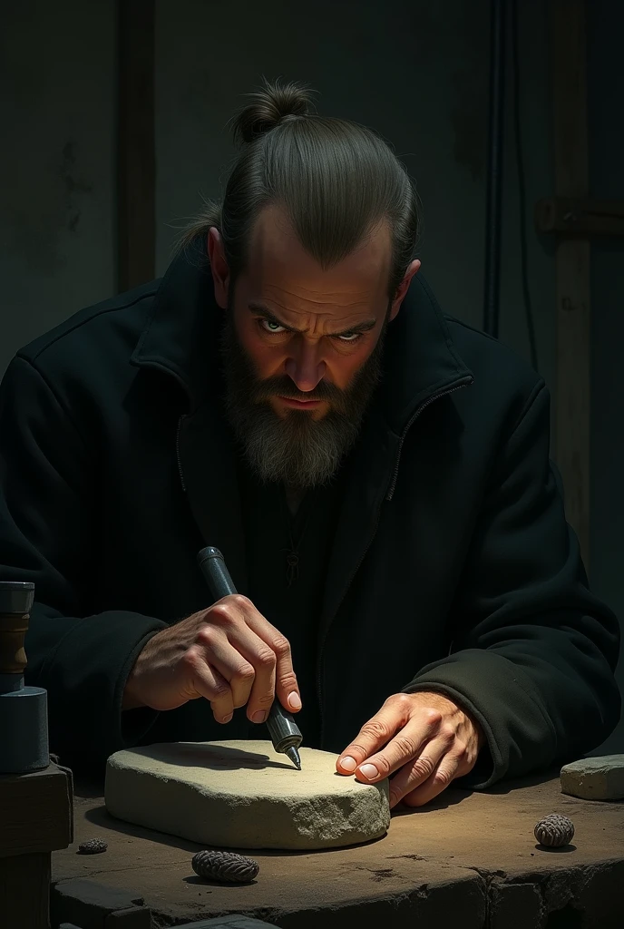 Dark illustration showing man with green eyes light scarce thin light brown beard black jacket in embracing his own stone polishing skills